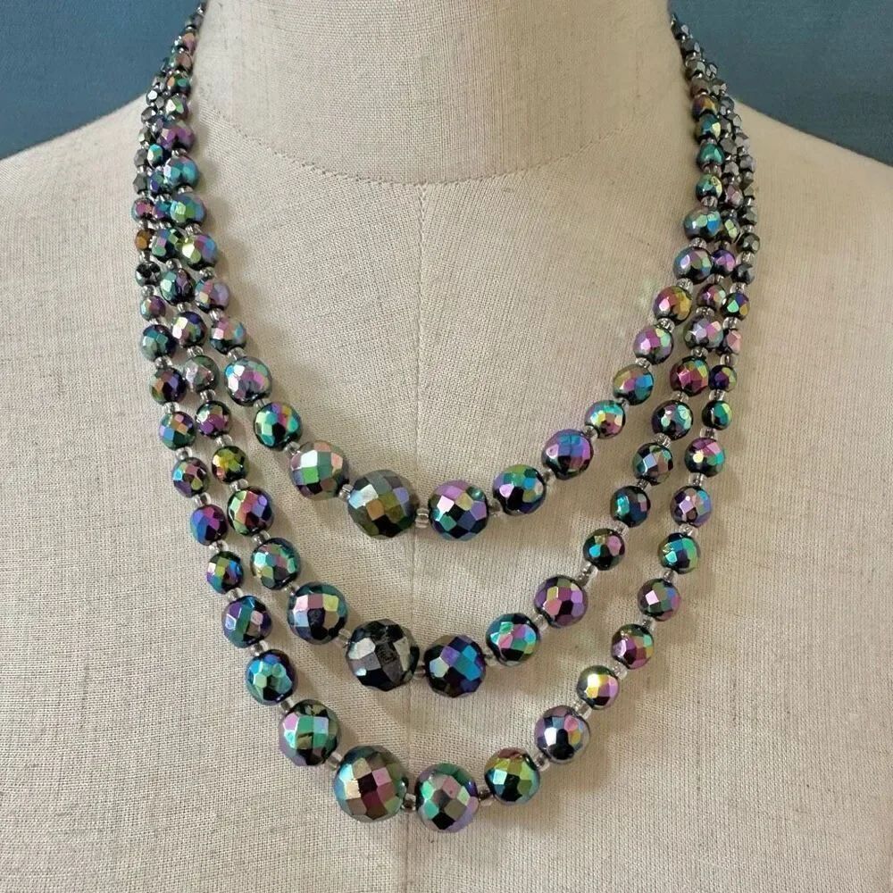 Triple strand carnival glass vintage necklace